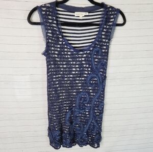 Anthropologie Meadow Rue Blue Lace Overlay Striped Top Sleeveless Women Sz 8